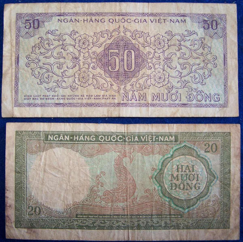 Imagen 2 de 2 de Vietnam Del Sur 20 Dong 1964 Y 50 Dong 1966 * 2 Billetes *