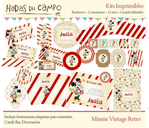 Kit Imprimible Minnie Vintage Cumple Bautismo Candy Bar Deco