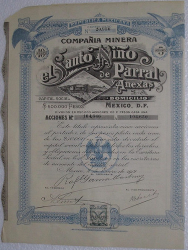 Escasa Accion/bono Cia. Minera Santo Niño De Parral 1912 !!