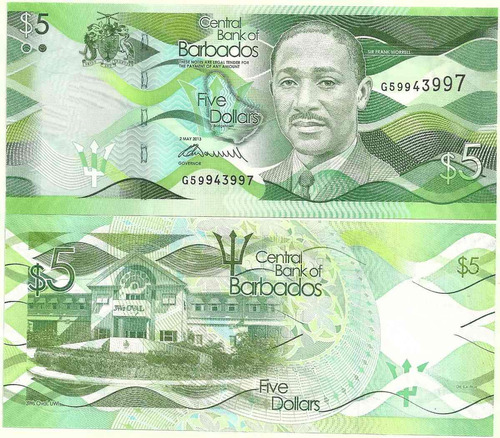 Billete Barbados 5 Dolares Año 2013