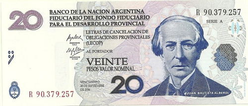 Billete Bono 20 Lecops Reposicion Año 2001 Sin Circular