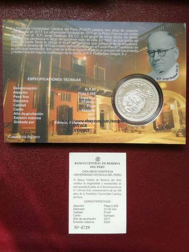 Moneda Plata 100 Años Pontificie Universidad Catolica Pucp