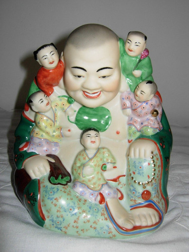 Antigua Figura De Porcelana Buda Sonriente Y 5 Niños Excelen