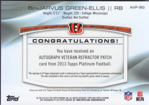 2013 Platinum Ref Patch Autografo Benjarvus Green Ellis /99 (Usado)