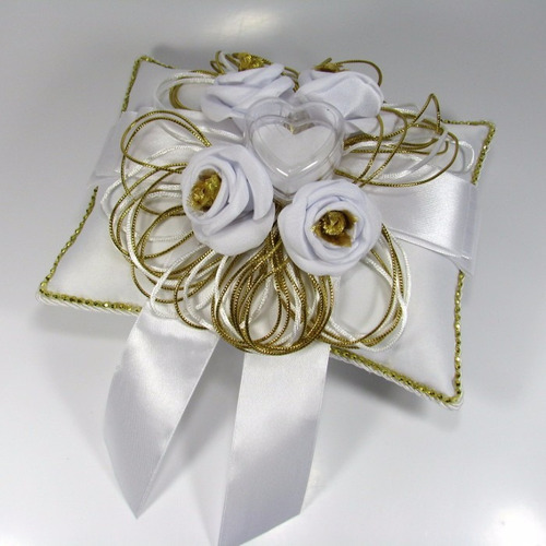 Almofada Porta Aliança Para Casamento - Dourado Com Branco