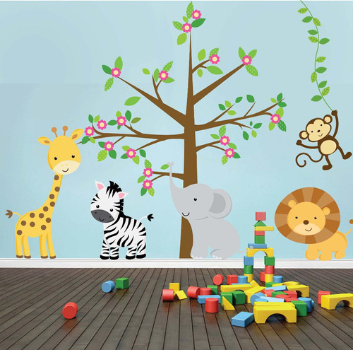 Vinilo Decorativo Kit Arbol Con Animales De La Selva