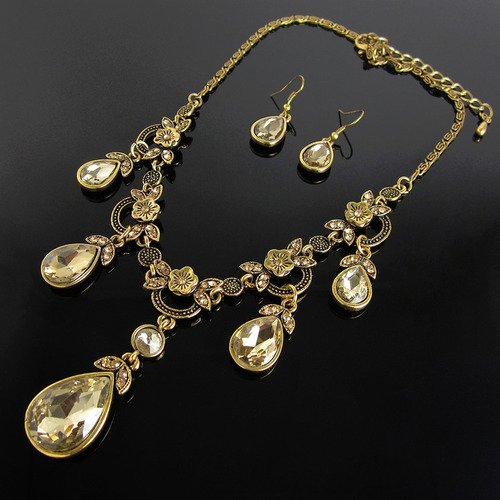 Collares Mujer Oro Antiguo Elegante Cristales + Aretes Joyas