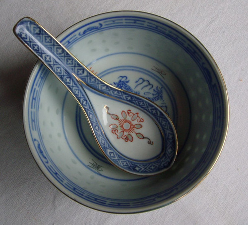 Bowl Con Cuchara - Porcelana De Arroz - Sello Azul China