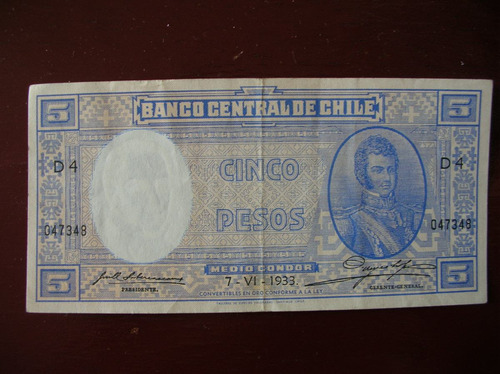 Billete Chile- 5 Pesos Medio Condor Fechado 7-vi-1933