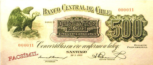 Chile Facsimil Escaso Billete 500 Pesos 29 Enero 1929