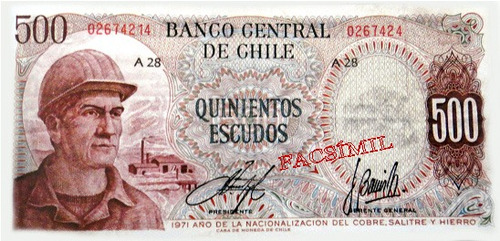 Chile Facsimil Billete 500 Escudos (minero) Sin Leyenda