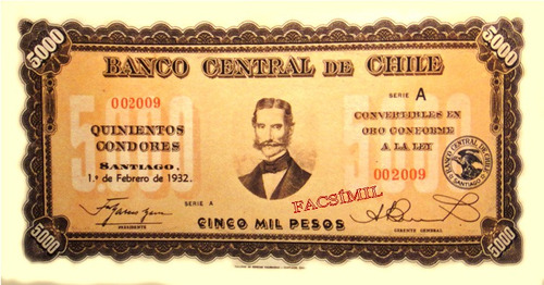 Chile Facsimil Raro Billete 5.000 Pesos 1 Febrero 1932
