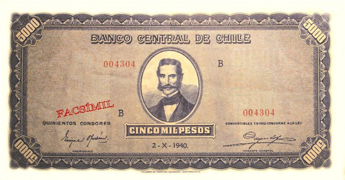 Chile Facsimil Raro Billete 5000 Pesos 2 Octubre 1940