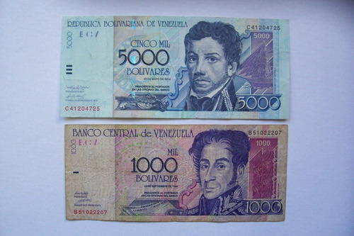 2 Billetes  Bolívares  De Venezuela - 5000 Y 1000