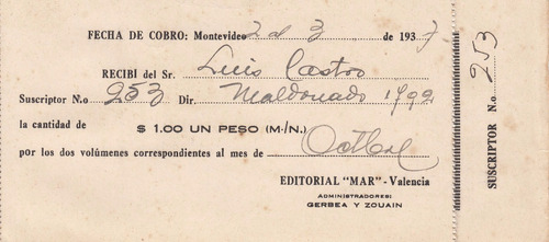 1937 Recibo Suscripcion Libros Editorial Mar Valencia España