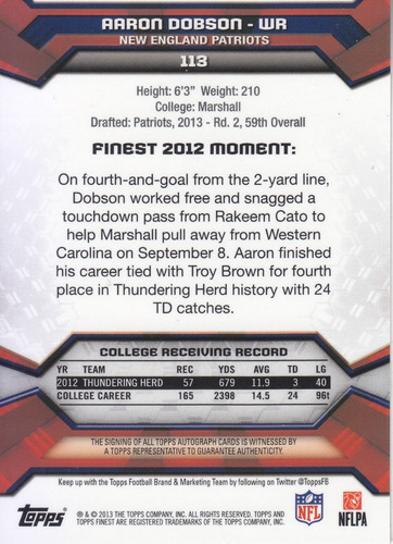 2013 Finest Rookie Refractor Autografo Aaron Dobson Wr /50 (Usado)