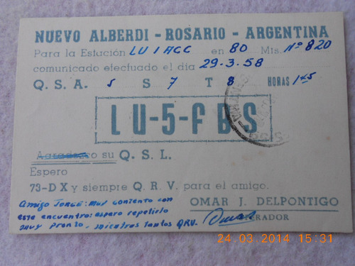 Postal Radio Aficionado C/sello Postal Rosario 1958