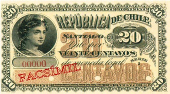 Imagen 1 de 3 de Chile Facsimil Raro Billete 20 Cent. 2a Emisión Fiscal 1883