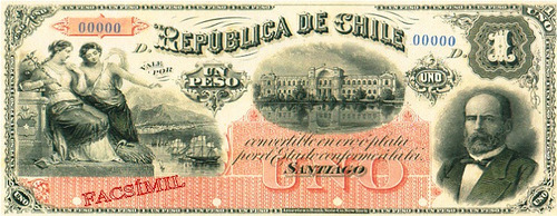 Chile Facsimil Escaso Billete 1 Peso 1a Emisión Fiscal 1879