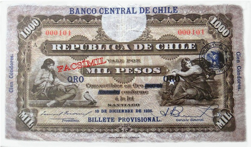 Chile Facsimil Raro Billete 1000 Pesos 10 De Diciembre 1925