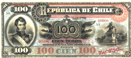 Chile Facsimil Billete 100 Pesos 3a Emisión Fiscal 1898
