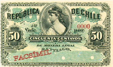 Chile Facsimil Escaso Billete 50 Cent 2a Emisión Fiscal 1883