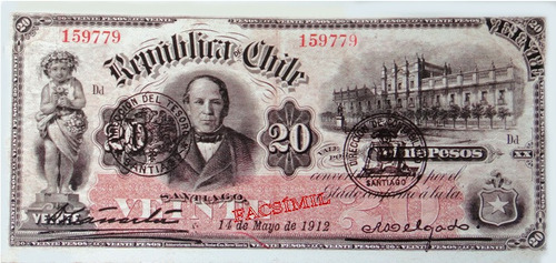 Chile Facsimil Billete 20 Pesos 3a Emisión Fiscal 1898