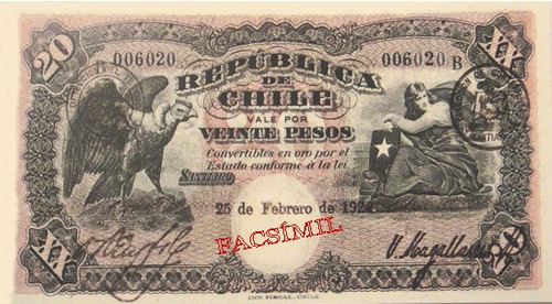 Chile Facsimil Billete 20 Pesos 4a Emisión Fiscal 1924