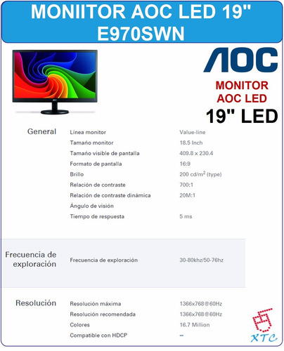 Monitor Aoc Led 18.5 Pulgadas E970swn Vga Nuevos Xtc