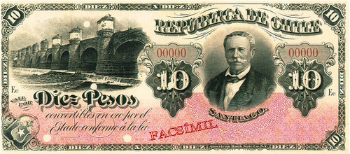 Chile Facsimil Billete 10 Pesos 3a Emisión Fiscal 1898