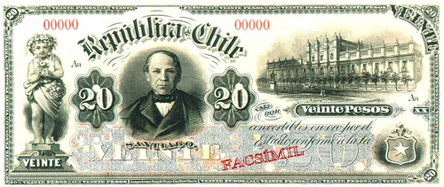 Chile Facsimil Billete 20 Pesos 1a Emisión Fiscal 1879