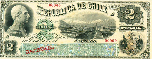 Chile Facsimil Escaso Billete 2 Pesos 1a Emisión Fiscal 1879