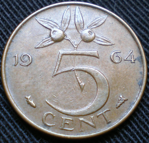 Holanda Países Bajos 5 Cents 1964 Moneda De Bronce Km#181 Xf