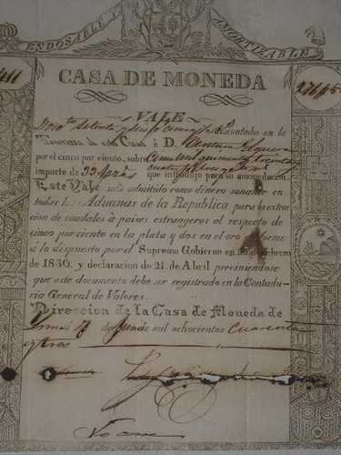 Perú 1830-pre Billete Vale De 276 Pesos Casa De Moneda Raro