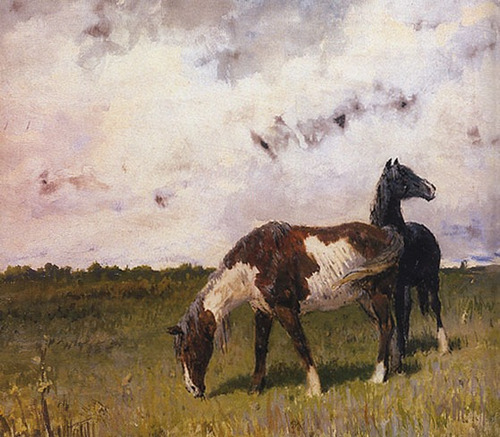 Dois Cavalos No Pasto Campo 1890 Pintor Sokolov Tela Repro