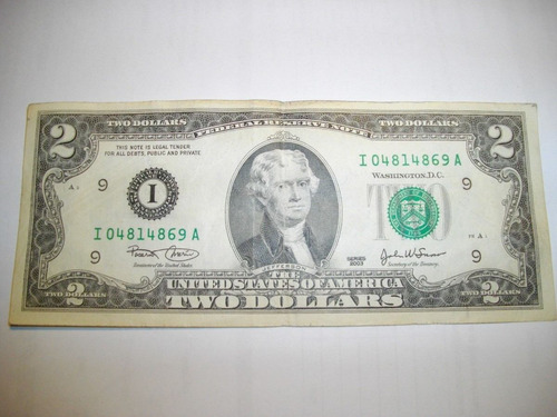 Billete De 2 Dolares Usa Sello Verde