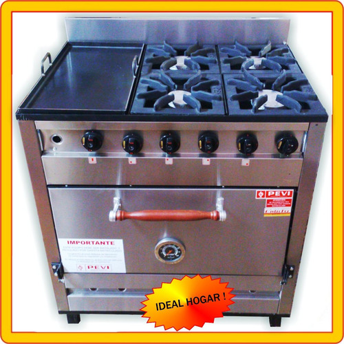 Imagen 2 de 4 de Cocina Pevi 4 H + Plancha Acero Inox 85 Cm Rejas Fundicion