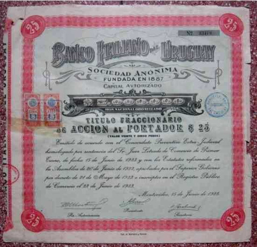 1923 Concordato Del Banco Italiano Del Uruguay Titulo Accion