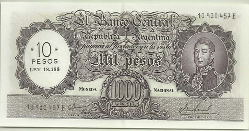 Billete 1000 Pesos Moneda Nacional Resellado 10 Pesos Ley