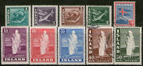 Islandia Serie Completa X 10 Sellos Pez, Géiser Años 1938-39