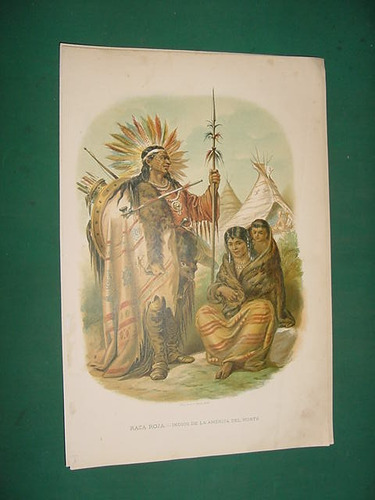 Litografia Color Antigua 1880 No Grabado Raza Indios Eeuu