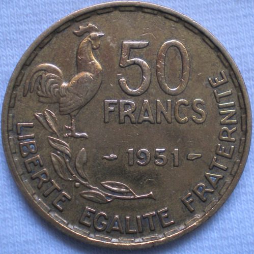 Francia 50 Francos Año 1951 En Bronce Aluminio Km#918.1