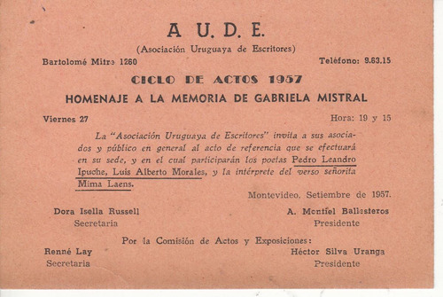 Gabriela Mistral Homenaje 1957 Aude Uruguay Invitacion Raro