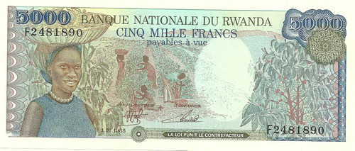 Billete Rwanda 5000 Francos Año 1988 Catalogo 60 Dolares!!!!