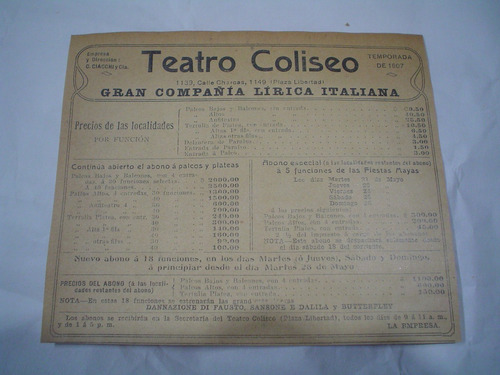 Teatro Coliseo 1907 C Ciacchi Gran Compañia Lirica Italiana