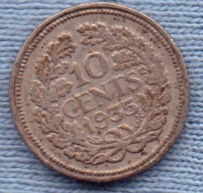 Holanda 10 Cents 1935 Plata * Reino Wilhelmina I *