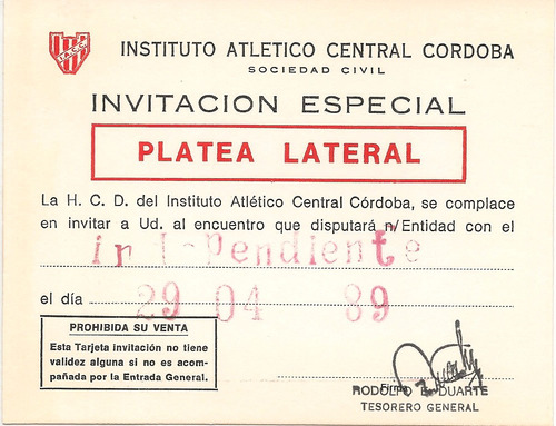 Ticket De Entrada Instituto 0 Independiente 1 (1989)