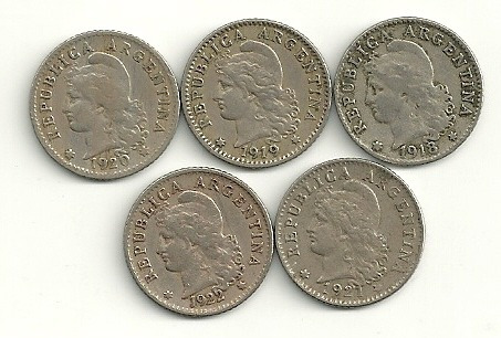 5 Monedas Argentina Niquel 5 Centavos Año 1918 A 1922 Buenas