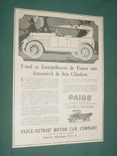 Publicidad Rural 1920 Automoviles Paige Detroit Motor Car