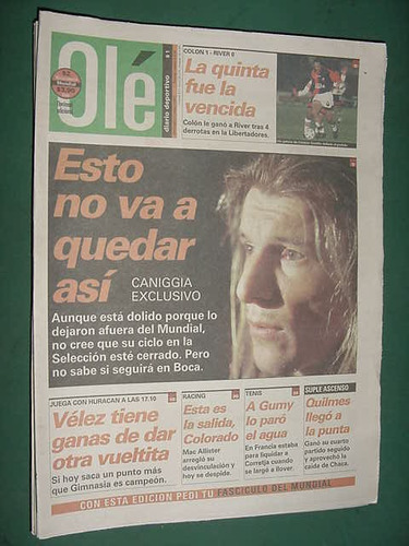 Diario Ole 31/5/98 Caniggia Quilmes River Colon Racing Gumy